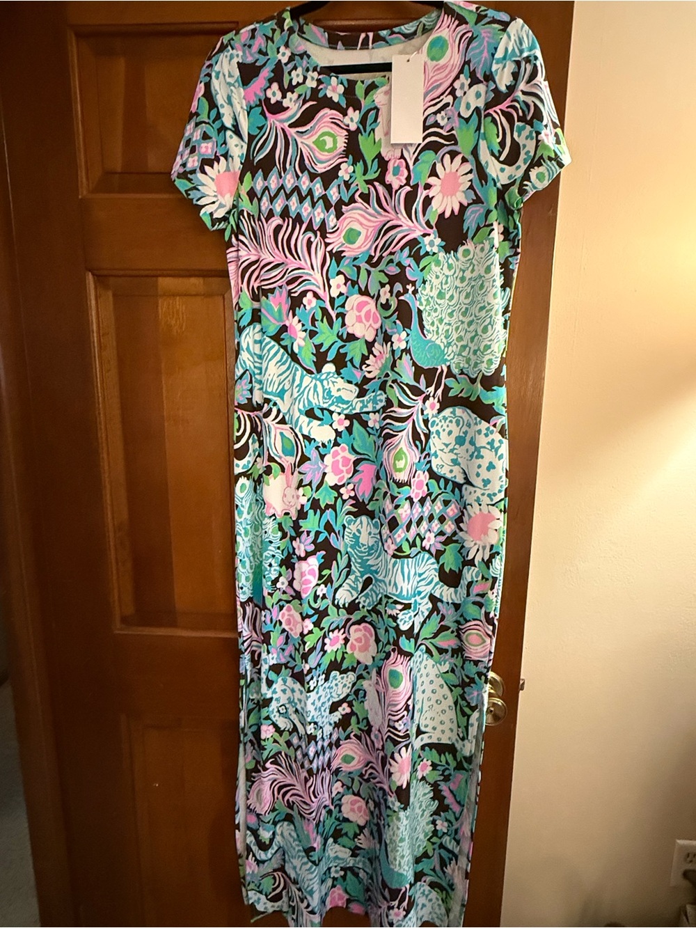 Lilly Pulitzer Floral Pattern Short-Sleeve Maxi Dress in Black, Teal & Pink